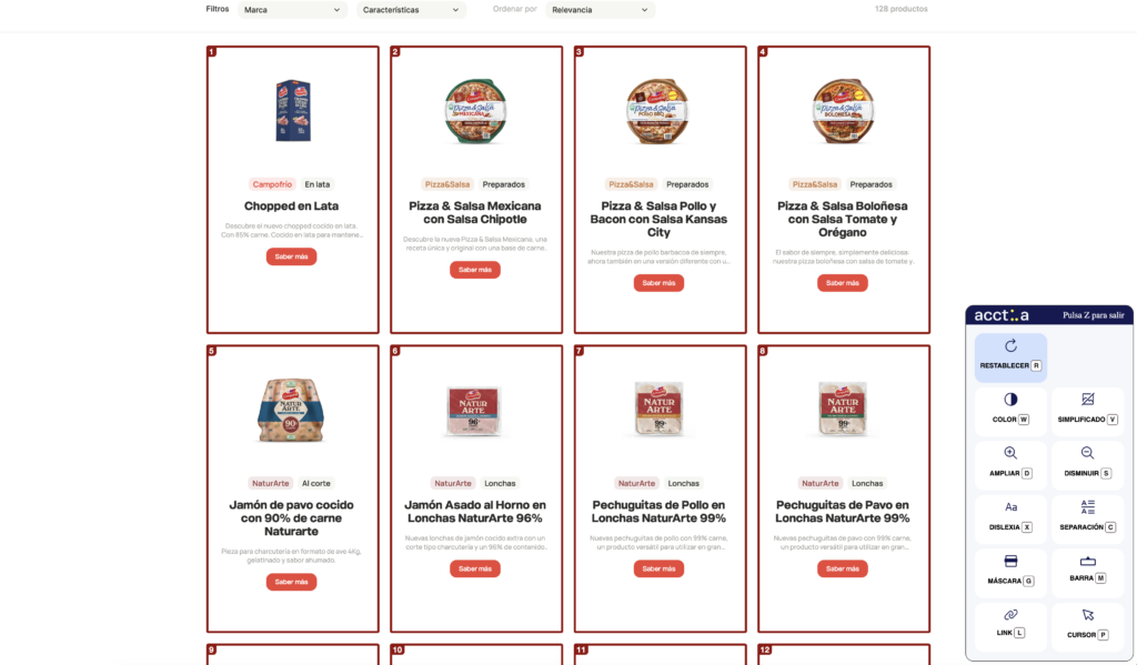 Captura de tela do site da Campofrío com a ferramenta de acessibilidade web Acctua ativada.