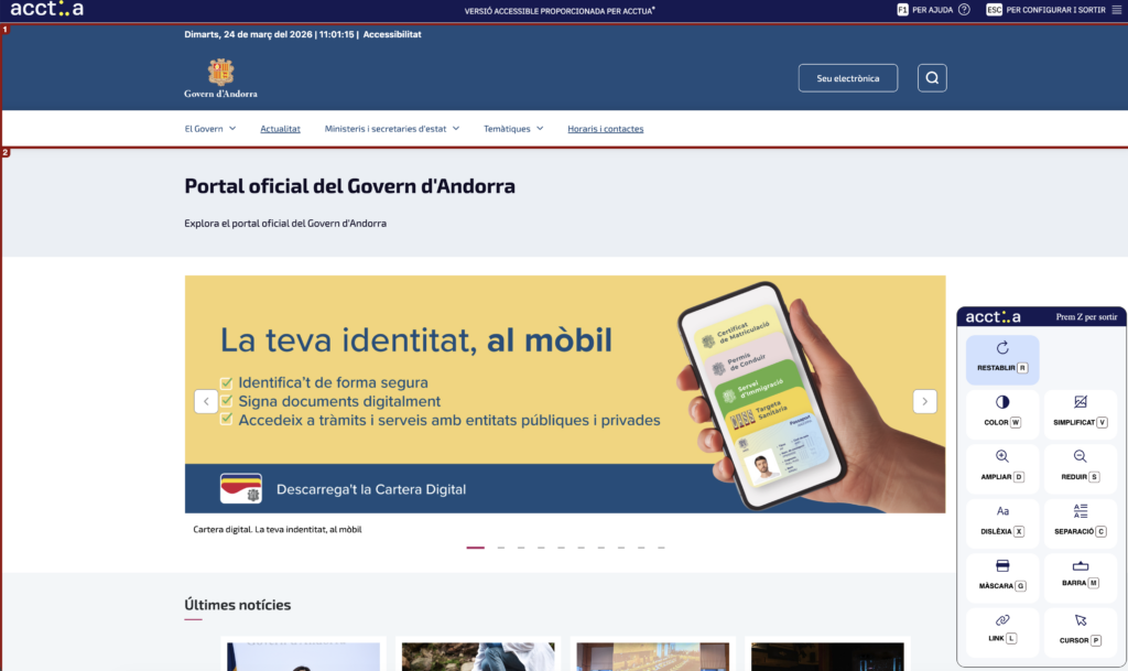 Captura de tela do site do Governo de Andorra com a ferramenta de acessibilidade web Acctua ativada.